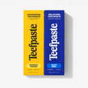 Two boxes of Teefpaste toothpaste, one yellow and one blue, on a white background.