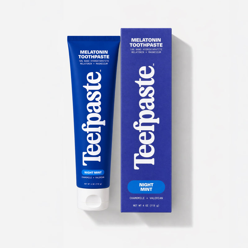 Teefpaste melatonin toothpaste tube and packaging on a white background